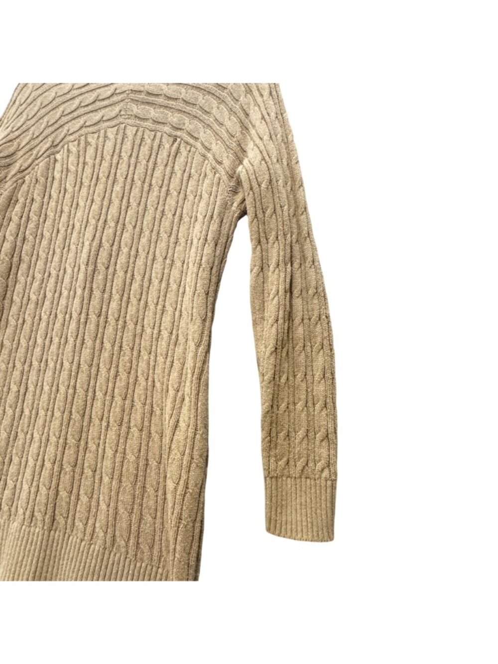 IZOD Cable Knit Long Tan Cardigan Small Country Club Deep V Light Academia BOHO - Picture 9 of 9